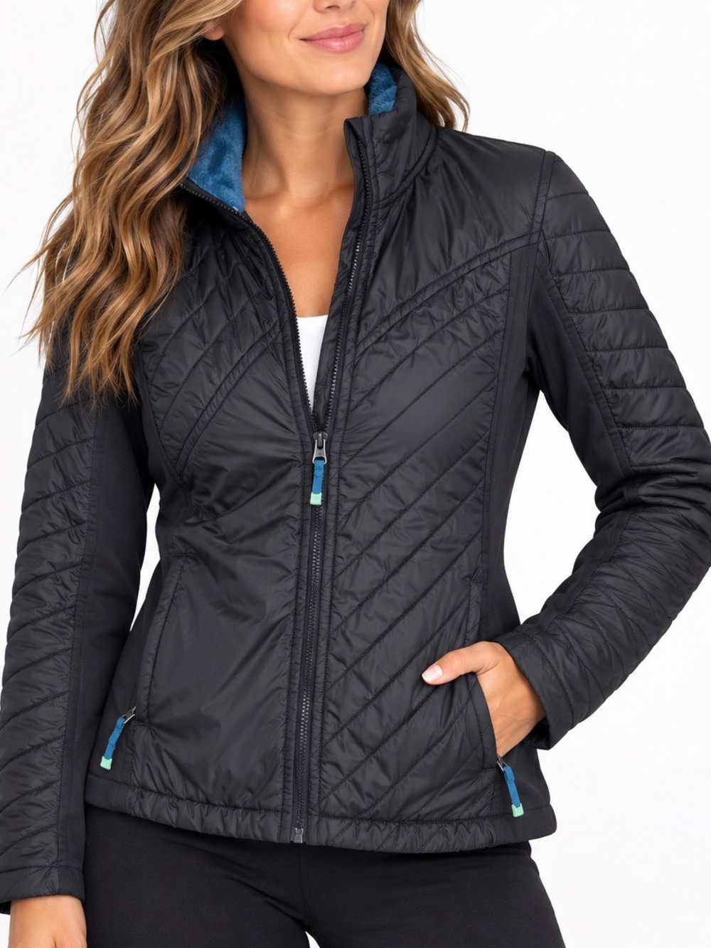 Under Armour Women’s Quilted Hybrid Jacket Fleece Lined Black Teal Medium